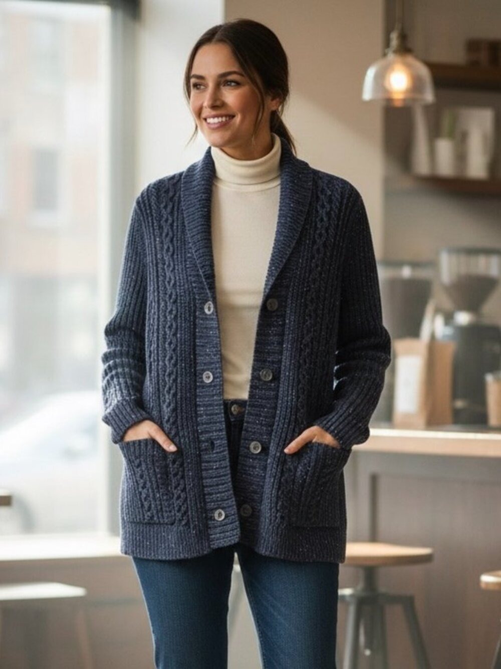 ** Lands End Deep Blue Marled Shawl Collar Button Up Cable Knit Cardigan US S
